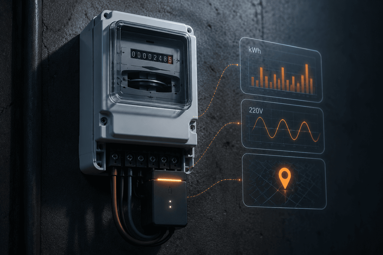 Medidor eléctrico inteligente con métricas de consumo, voltaje y ubicación